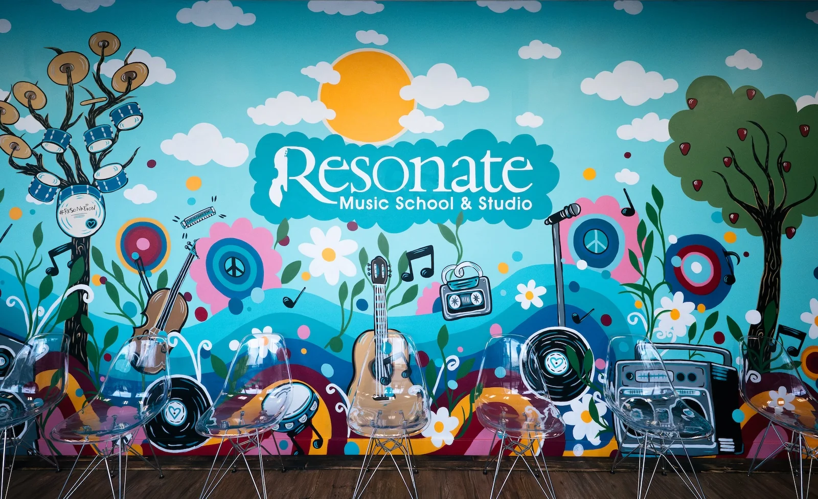 Wide view of the Resonate lobby mural