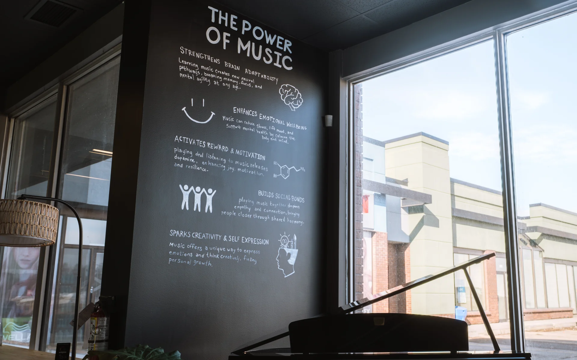The Power of Music wall at Resonate Music School & Studio in Edmonton — hand-painted on a black wall above a piano in the lobby
